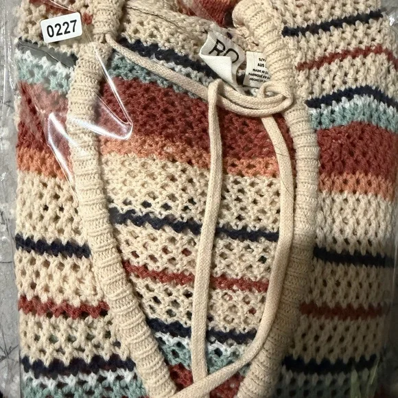 Roxy Striped V-Neck Hooded Knit Sweater with Tassel Ties - Cream & Rust - Picture 7 of 7